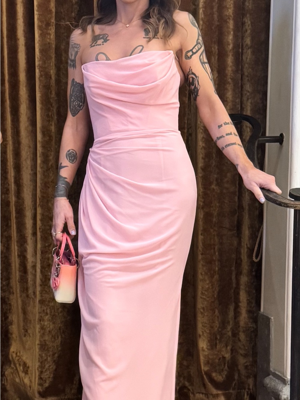 Elegant Pink Draped Strapless Evening Gown